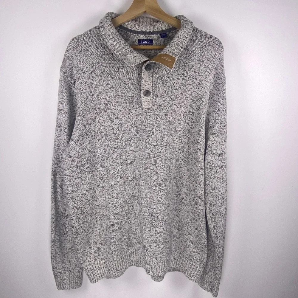 IZOD Sweater Mens XXL Grey Marled Shawl Neck Button Pullover Knit Grandpa Core